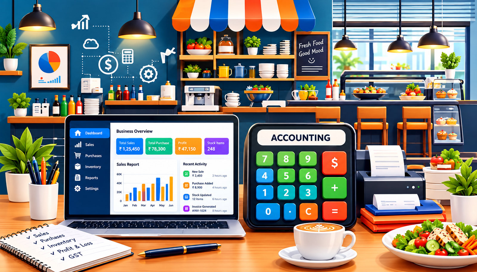 TallyPrime billing screen for a restaurant in Hyderabad showing food and beverage invoice with GST